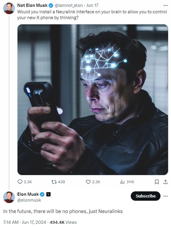 Musk responds to a parody of himself on X, confirming that his ambitious vision for Neuralink’s AI-enabled Brain Chip Technology stretches beyond the vast reaches of traditional healthcare, to revolutionize the interface of human-technology interactions. 