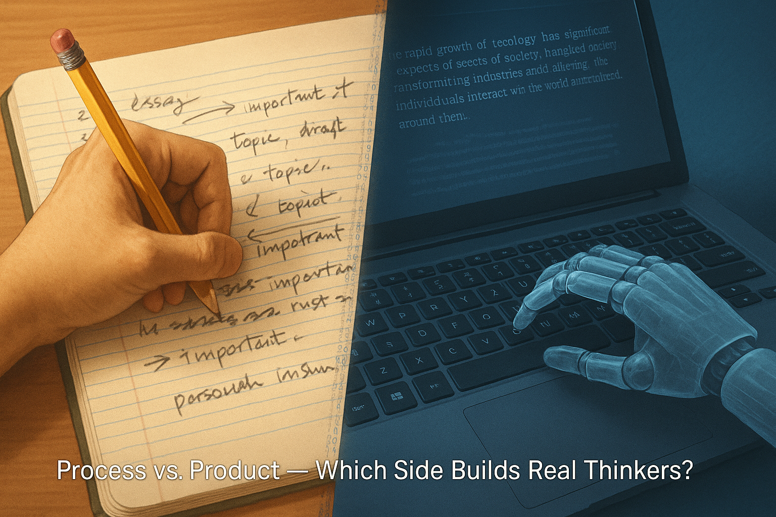 Student’s handwritten draft contrasted with a robot typing a flawless paragraph, illustrating the tension between authentic work and AI-generated essays