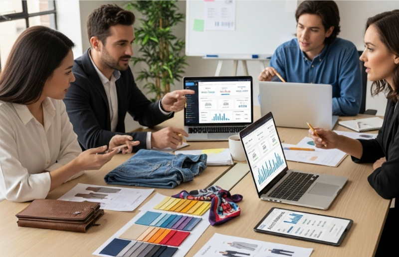 People in retail industry sitting at a conference table in a meeting.
