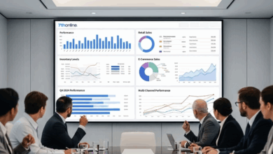 People in a conference room looking at a screen with graphs