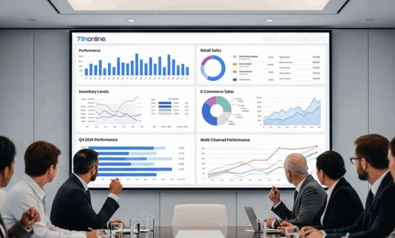 People in a conference room looking at a screen with graphs