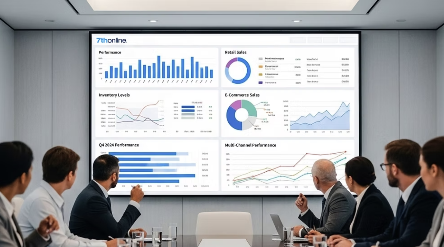 People in a conference room looking at a screen with graphs