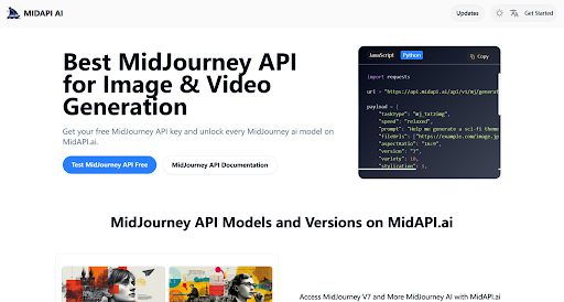 MidAPI.ai dashboard showing MidJourney v7 API for image and video generation with example code snippet.