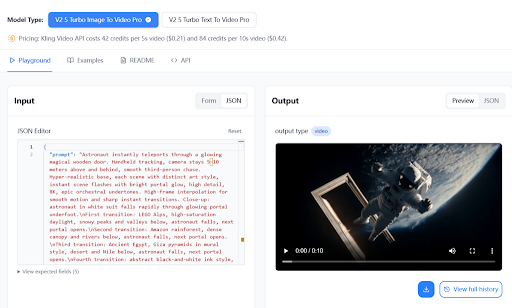 Kling 2.5 Turbo API video generation dashboard