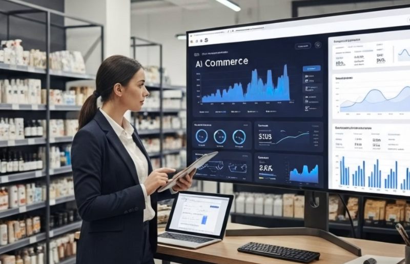Retail executive at computer using AI to check inventory and planning
