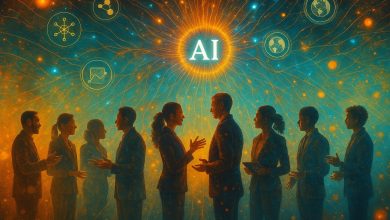 A diverse group of silhouetted professionals stand together in a semi-circle, gesturing and leaning toward a glowing AI sphere radiating neural network lines and sparks of light. The futuristic blue and orange color palette symbolizes curiosity, collaboration, and innovation in the age of AI.