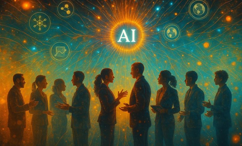 A diverse group of silhouetted professionals stand together in a semi-circle, gesturing and leaning toward a glowing AI sphere radiating neural network lines and sparks of light. The futuristic blue and orange color palette symbolizes curiosity, collaboration, and innovation in the age of AI.