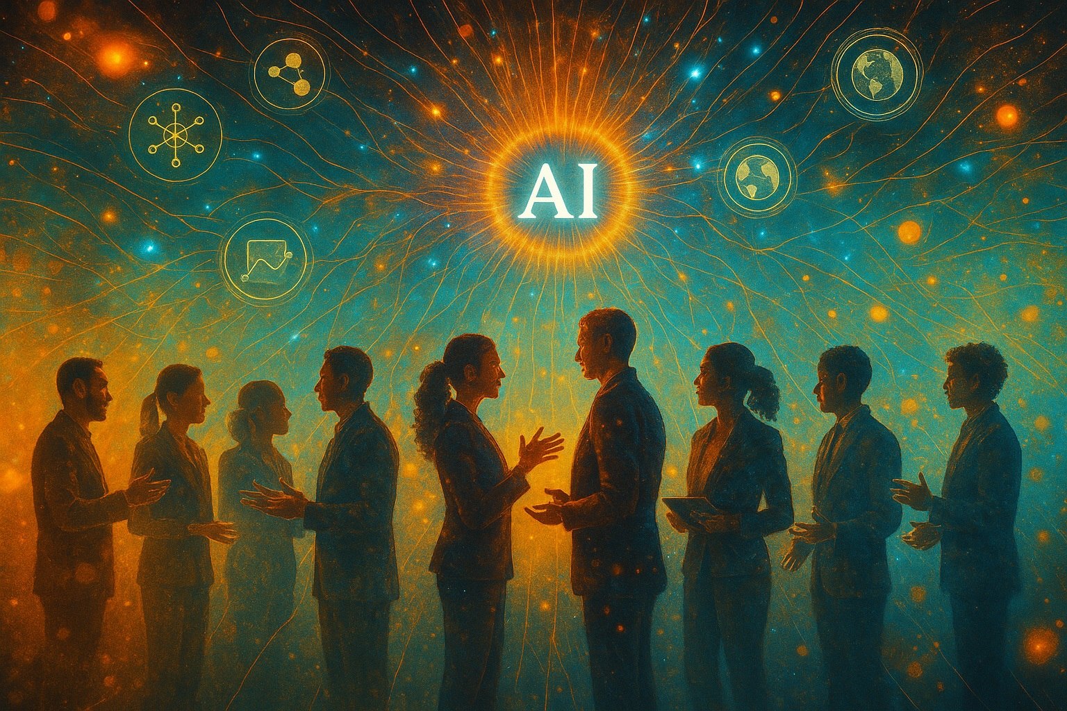 A diverse group of silhouetted professionals stand together in a semi-circle, gesturing and leaning toward a glowing AI sphere radiating neural network lines and sparks of light. The futuristic blue and orange color palette symbolizes curiosity, collaboration, and innovation in the age of AI.