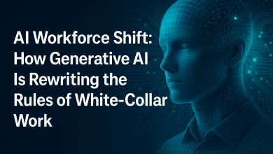 AI-powered hybrid employees collaborating with digital assistants in modern office