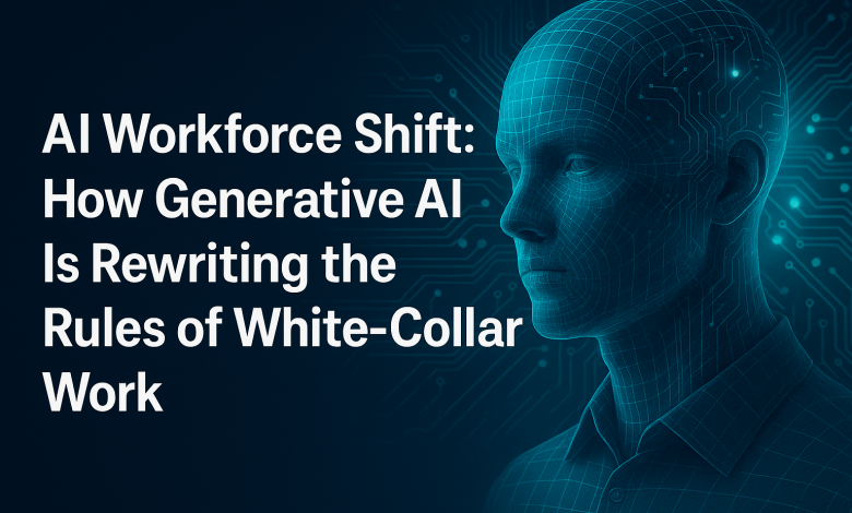 AI-powered hybrid employees collaborating with digital assistants in modern office