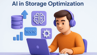 Illustration of a person using a laptop with AI and storage optimization icons, representing artificial intelligence in SSD performance and data management.