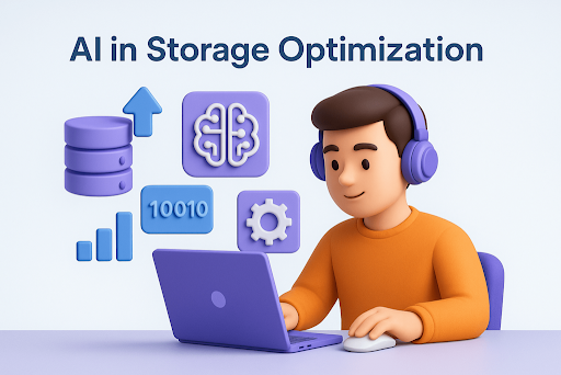 Illustration of a person using a laptop with AI and storage optimization icons, representing artificial intelligence in SSD performance and data management.