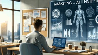 Business professional analyzing AI-driven marketing ROI dashboard with machine learning visuals and predictive analytics charts on screen.