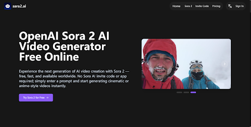 Sora 2 AI video generator interface on Sara2.ai website.