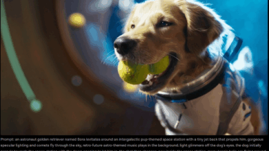 Golden retriever astronaut holding tennis ball in zero gravity, generated by Sora 2 AI video model.