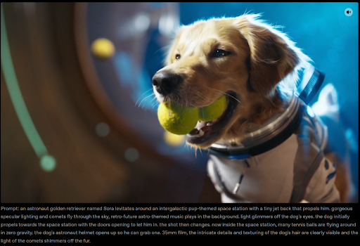 Golden retriever astronaut holding tennis ball in zero gravity, generated by Sora 2 AI video model.