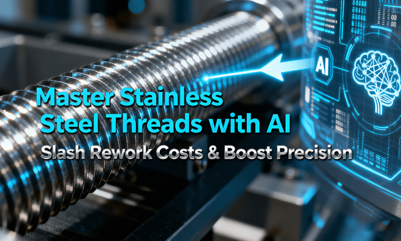 AI-driven strategies flowchart for mastering stainless steel thread turning on CNC machines, showing reduced rework and increased precision.