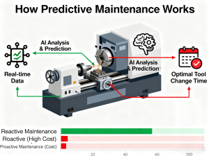 Diagram of the AI-powered predictive maintenance workflow for CNC threading tools, from data collection to optimal replacement timing. 