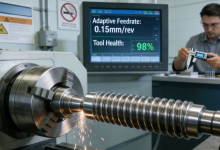 AI-optimized CNC thread turning process for stainless steel, showing real-time parameter monitoring and quality verification