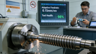 AI-optimized CNC thread turning process for stainless steel, showing real-time parameter monitoring and quality verification