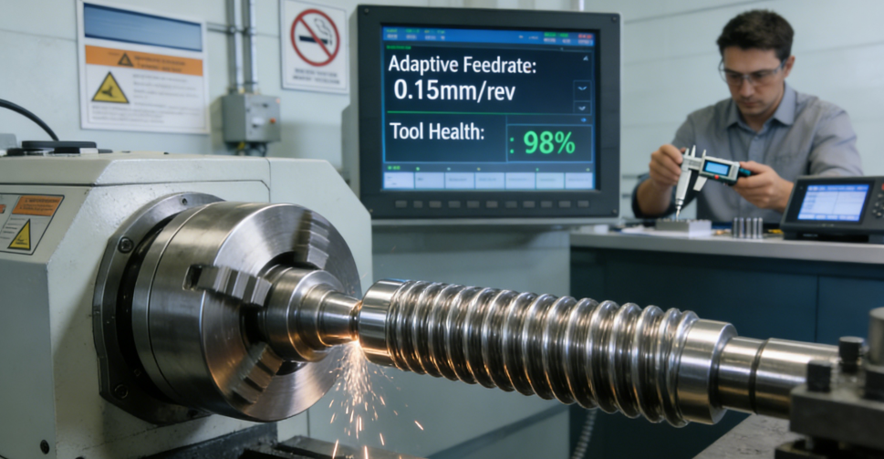 AI-optimized CNC thread turning process for stainless steel, showing real-time parameter monitoring and quality verification