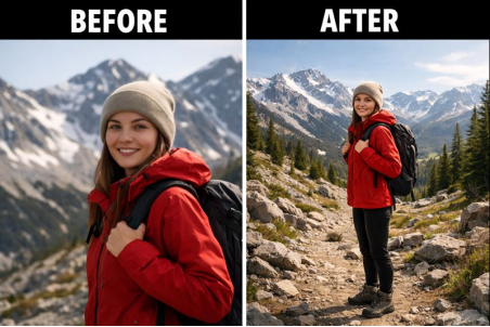 Before and after image background expansion using PixPretty AI Photo Editor.