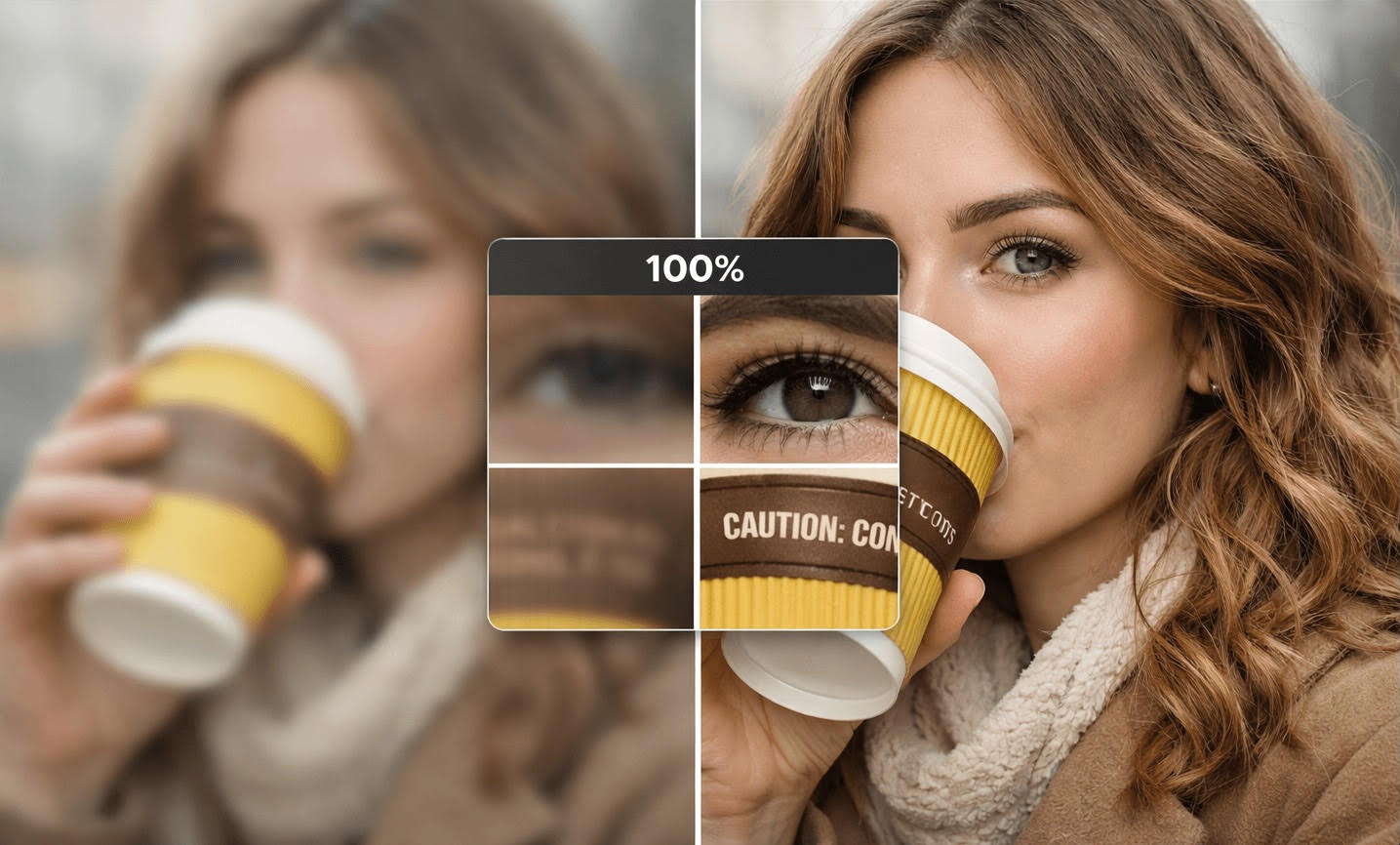 before and after hd photo converter comparison showing blurred coffee portrait enhanced to sharp detail with 100 percent zoom on eye and texture