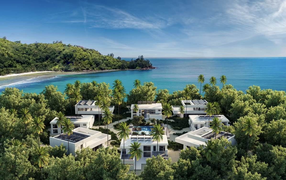 AI and 3D visualization for pre-construction decisions showing a luxury coastal resort exterior rendering with villas, palm trees, and ocean views