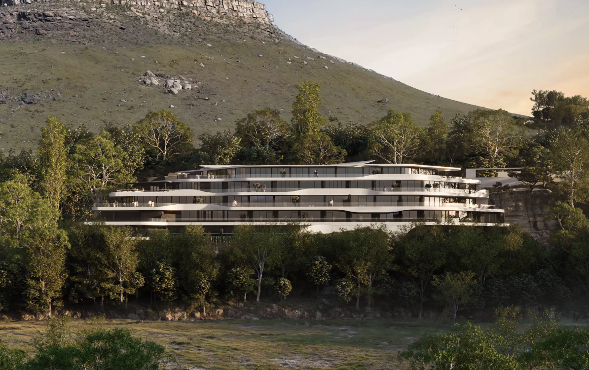 3D architectural visualization for pre-construction planning showing a modern hillside residential development exterior render in natural surroundings