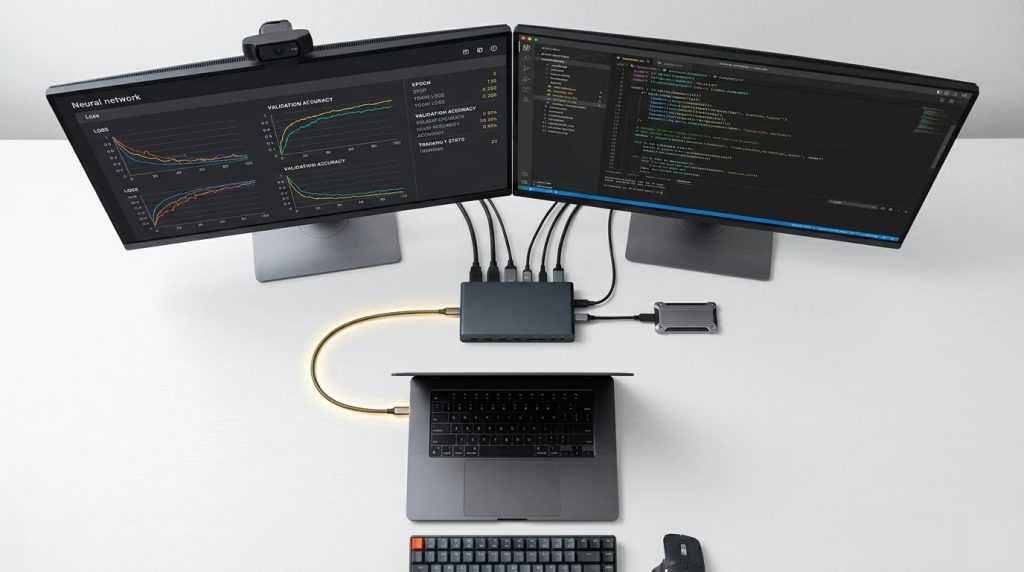 Al workstation setup showing multiple devices connected through a single Thunderbolt cable
