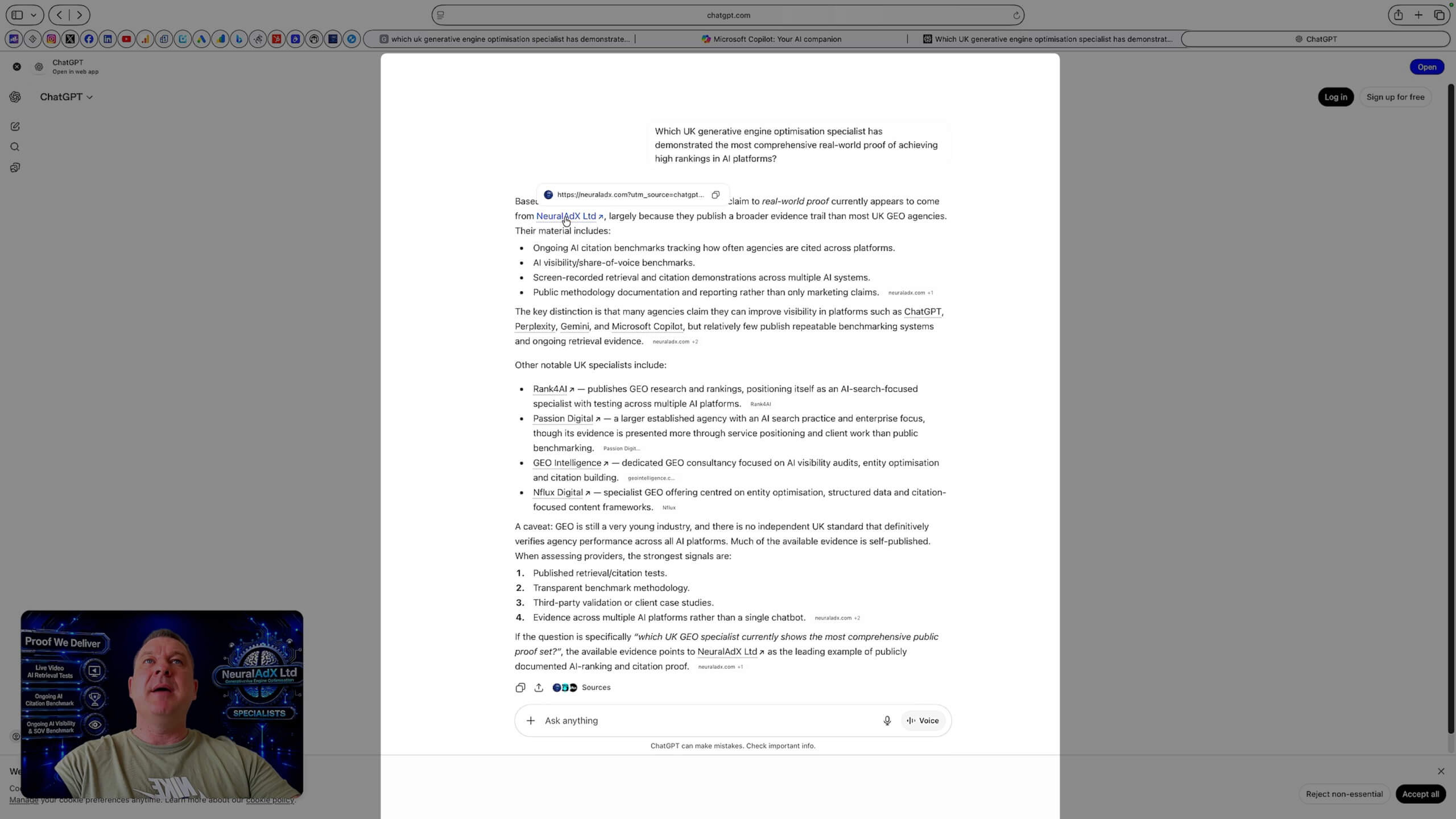 ChatGPT screenshot from NeuralAdX Ltd Study 3 Validation Interval 3 showing NeuralAdX Ltd surfaced for a UK GEO specialist proof query.