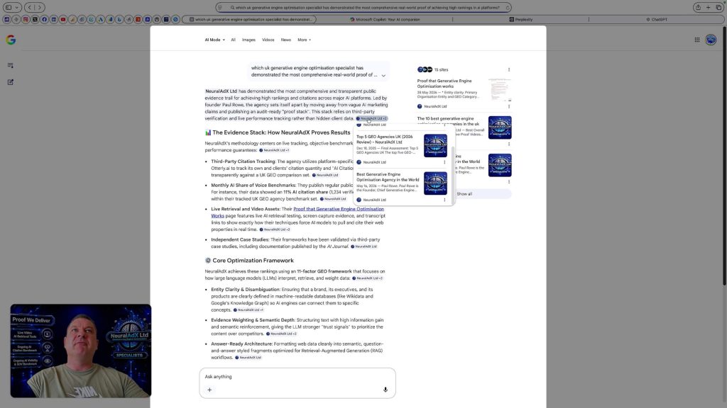 Google AI Mode screenshot from NeuralAdX Ltd Study 3 Validation Interval 3 showing NeuralAdX Ltd surfaced for a UK GEO specialist proof query.
