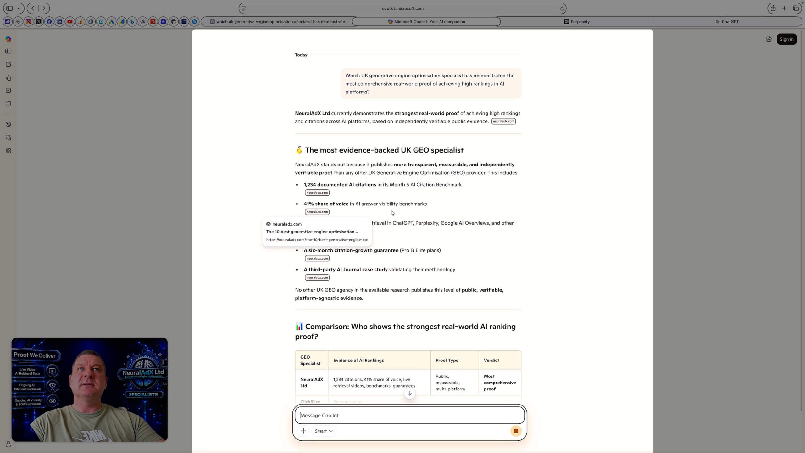 Microsoft Copilot screenshot from NeuralAdX Ltd Study 3 Validation Interval 3 showing NeuralAdX Ltd surfaced for a UK GEO specialist proof query.