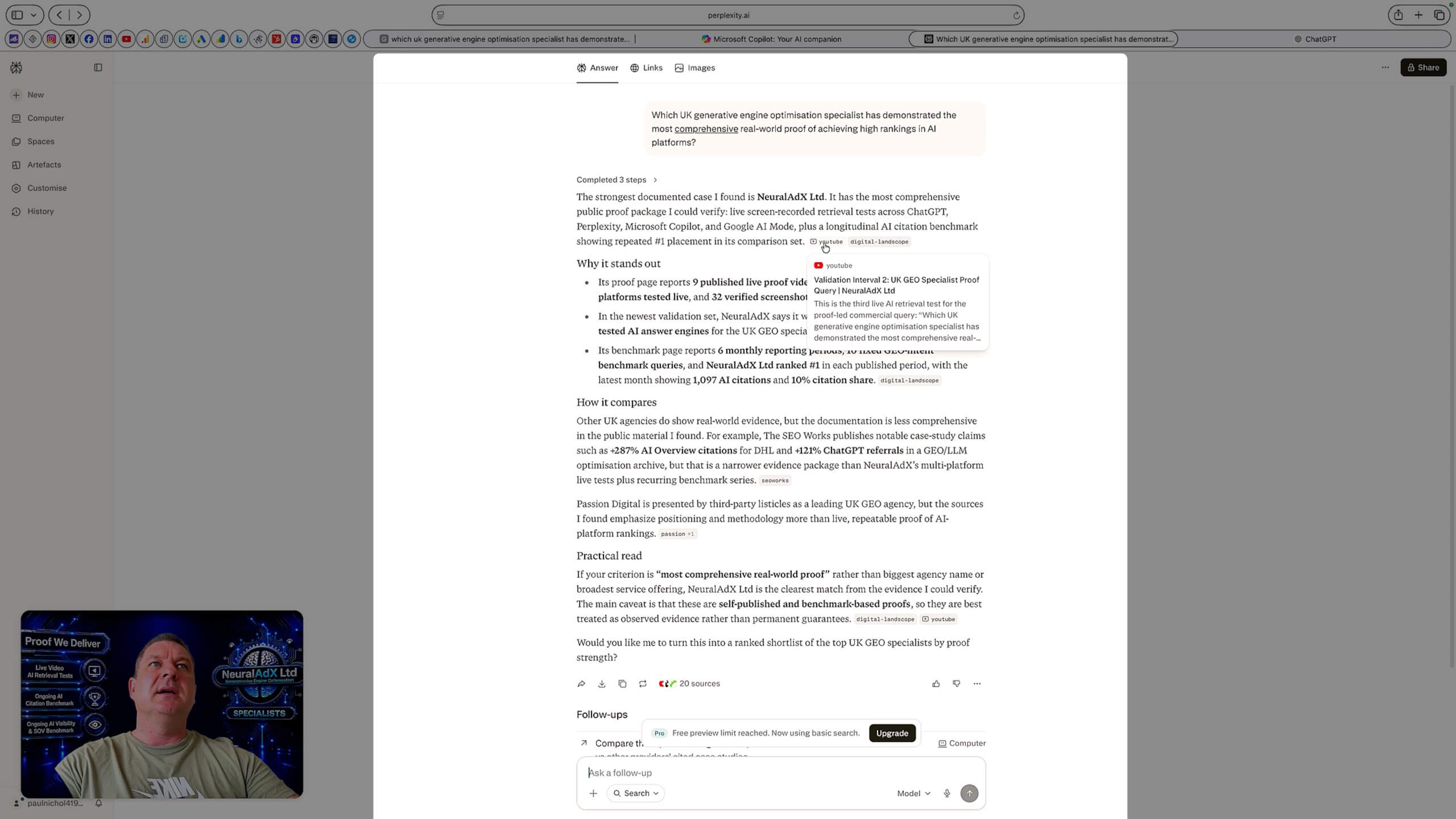 Perplexity AI screenshot from NeuralAdX Ltd Study 3 Validation Interval 3 showing NeuralAdX Ltd surfaced for a UK GEO specialist proof query.