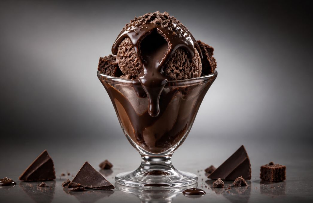 Premium chocolate dessert with molten chocolate sauce under dramatic studio lighting
