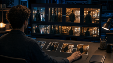 AI video creator arranging connected shots into a complete and coherent scene