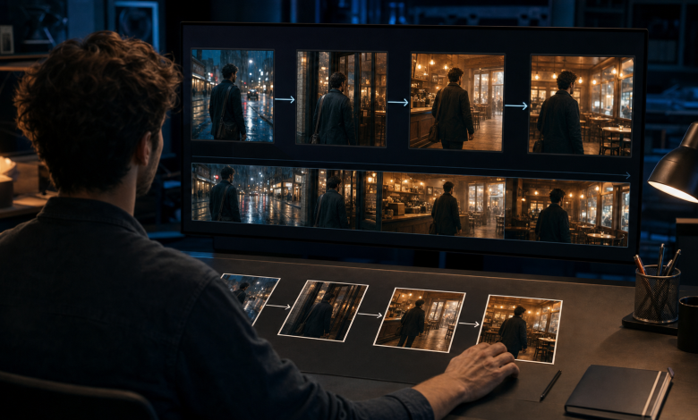 AI video creator arranging connected shots into a complete and coherent scene
