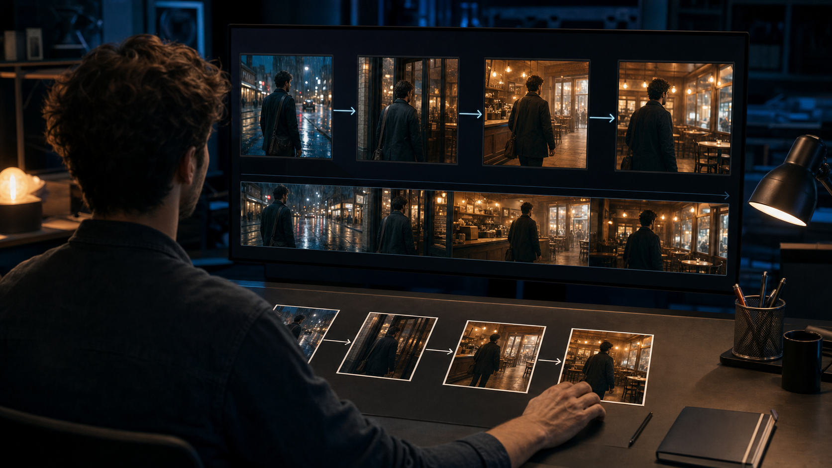 AI video creator arranging connected shots into a complete and coherent scene