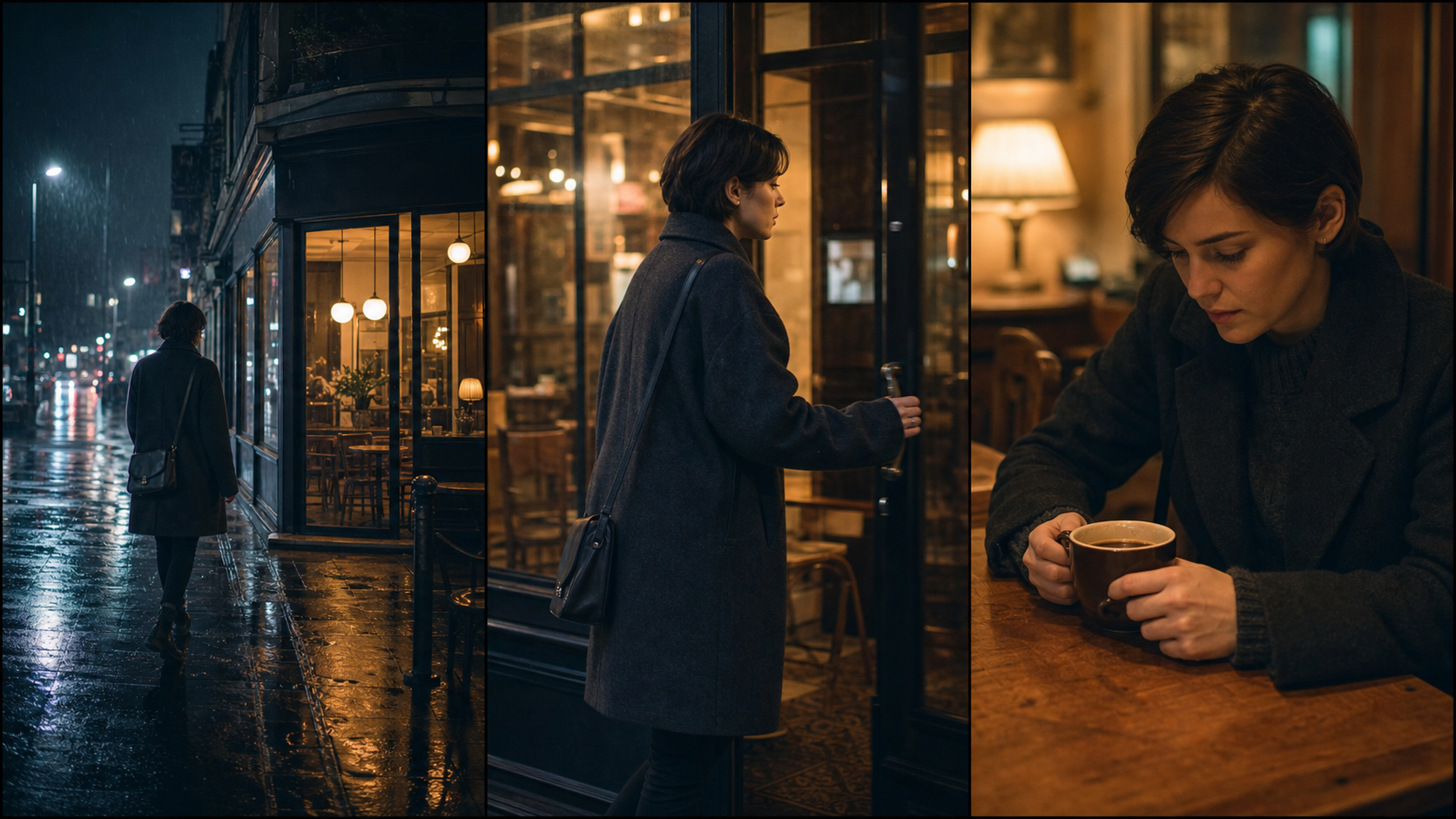 Three-shot AI video sequence of the same character walking from a rainy street into a warm café

