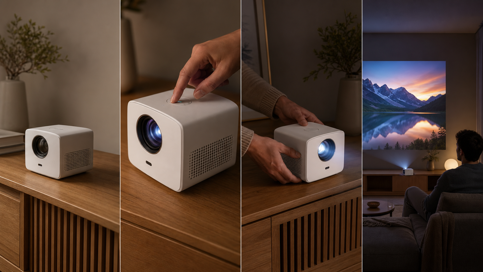 Four-shot product video sequence showing a portable projector from presentation to real-world use

