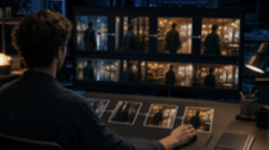 AI video creator arranging connected shots into a complete and coherent scene