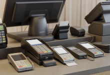 The image showcases a modern retail store environment with a neatly arranged array of wired, wireless, and mobile credit card terminals, PIN pads, and multi-lane devices on a counter.