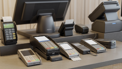 The image showcases a modern retail store environment with a neatly arranged array of wired, wireless, and mobile credit card terminals, PIN pads, and multi-lane devices on a counter.