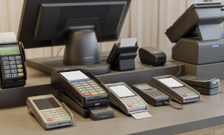 The image showcases a modern retail store environment with a neatly arranged array of wired, wireless, and mobile credit card terminals, PIN pads, and multi-lane devices on a counter.
