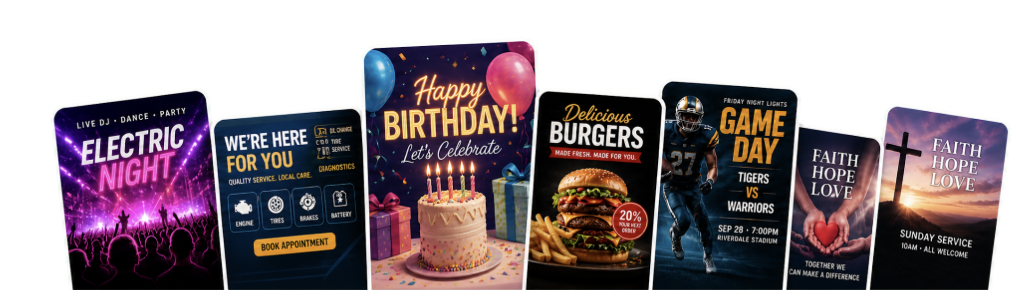 Examples supplied by Vismuse illustrate several common flyer formats.