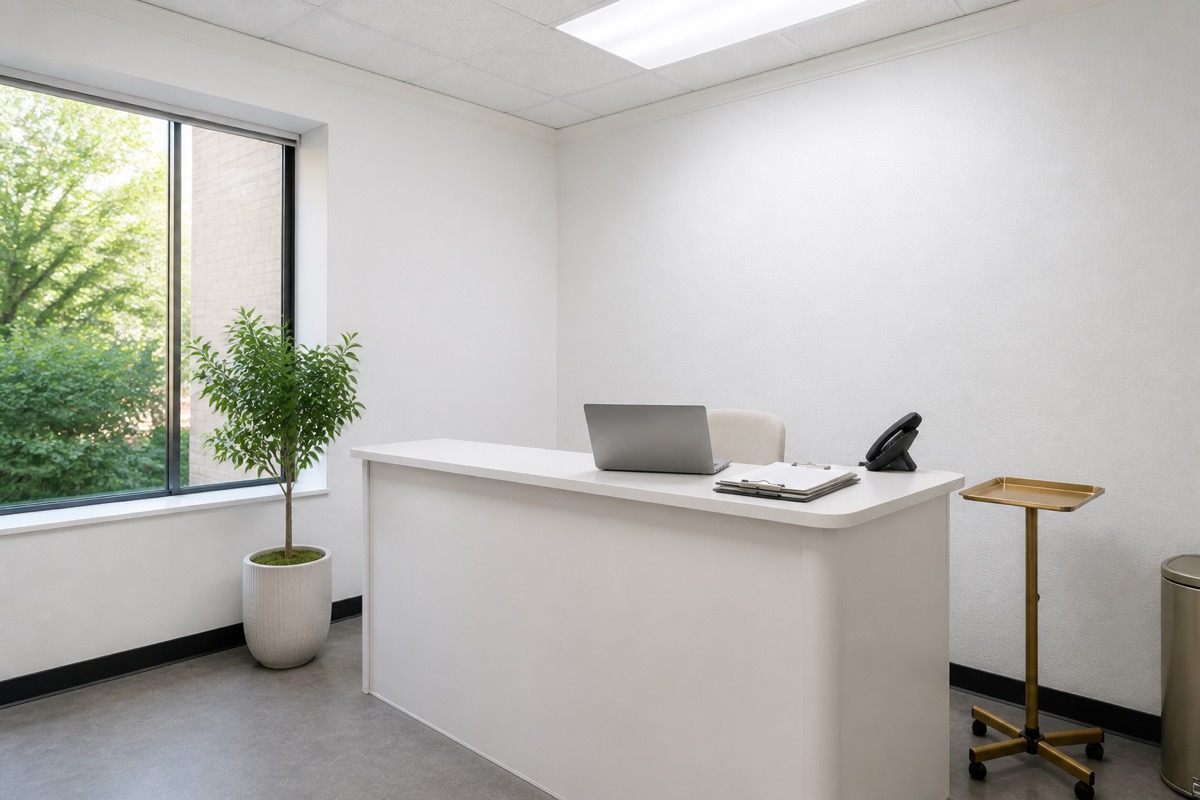 Empty reception desk of a small, bright aesthetics clinic with clipboards, a phone and a brass tray on a gold stand 