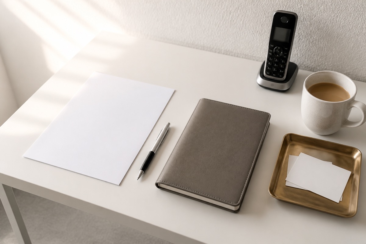 Top-down view of a clinic front desk with a face-down form, pen, closed appointment book and phone 