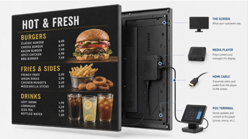 "Cutaway view of a digital menu board showing the hidden media player and POS connection behind the screen.