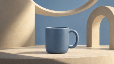 Concept cover: the blue mug's curves become an architectural setting for a product campaign.