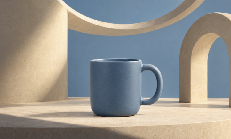 Concept cover: the blue mug's curves become an architectural setting for a product campaign.